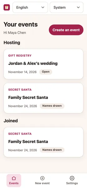 The app’s home screen listing events you host and events you joined.