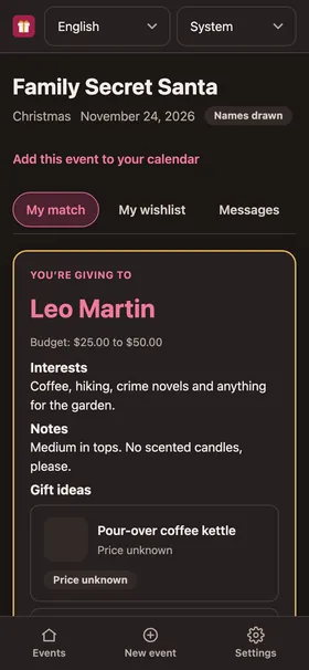 A participant’s match card with the recipient’s interests and wishlist.