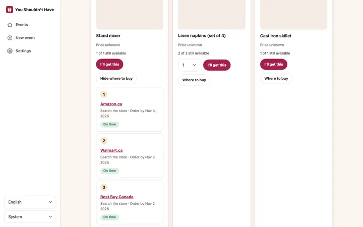 A registry item with places to buy and a delivery timeline up to the event date.