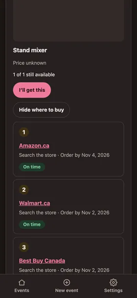 A registry item with places to buy and a delivery timeline up to the event date.