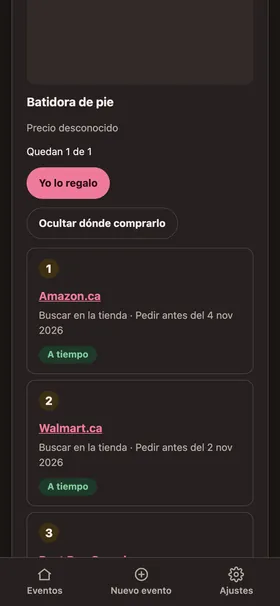 Un artículo de una lista de regalos con lugares donde comprar y una línea de tiempo de entrega hasta el evento.