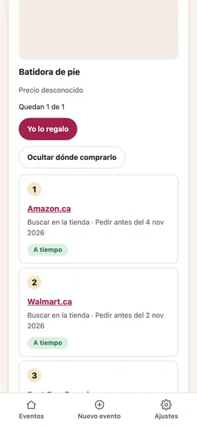 Un artículo de una lista de regalos con lugares donde comprar y una línea de tiempo de entrega hasta el evento.