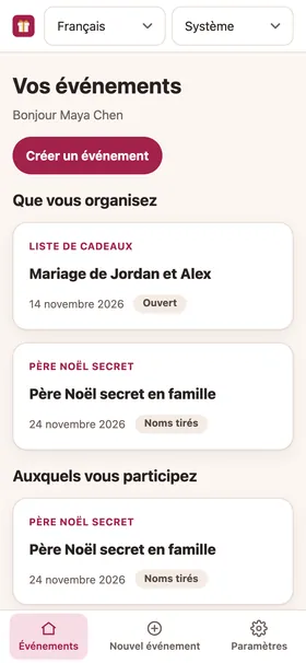 L’écran d’accueil de l’application avec les événements que vous organisez et ceux auxquels vous participez.