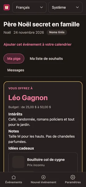 La fiche de jumelage d’une personne, avec les intérêts et la liste de souhaits de son destinataire.