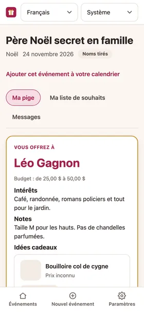 La fiche de jumelage d’une personne, avec les intérêts et la liste de souhaits de son destinataire.