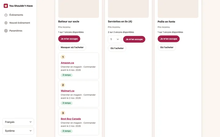 Un article d’une liste de cadeaux avec des endroits où acheter et une ligne du temps de livraison jusqu’à l’événement.